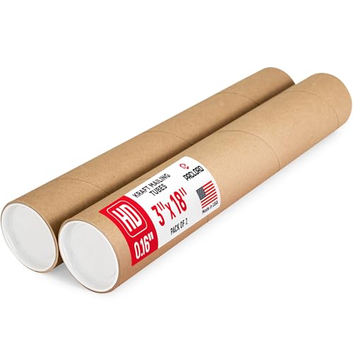 3" x 18" Heavy Duty Made in USA Kraft Paper Mailing Tube, 2 Tubes, 4 Caps