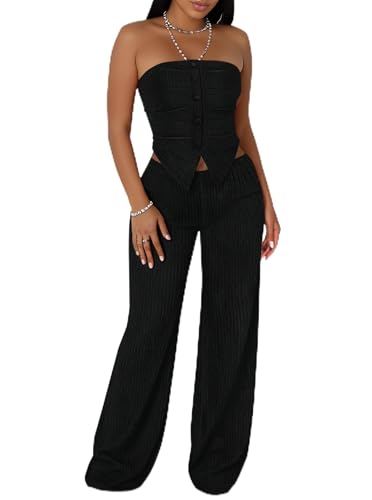 LovelyWholesale Sexy 2 Piece Outfits for Women Textured Tube Top and High Waist Wide Leg Pant Set Black Large
