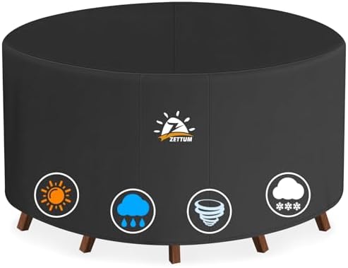 Round Patio Table Cover 96 Inch - 600D Outdoor Furniture Cover Round Waterproof & Heavy Duty, Lawn Furniture Set Covers Large for Outside Dining Table and Chairs Seating - 96 x 96 x 28 Inch