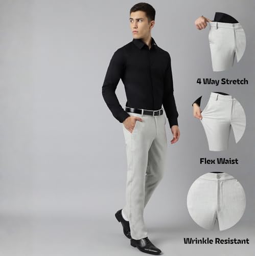 Image of SUBTRACT Men 4 Way Stretch Wrinkle Free Slim Fit Formal Trouser in with 2 Inch Flexible Waistband | Men's Trousers for Office Or Party
