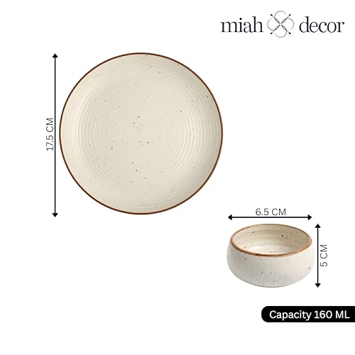 Image of miah decor Quarter Plates Ceramic Set of 6 with 2 Dip Bowls (160ml) - Off White Ribbed Design | Handmade Stoneware Side Plates for Snacks & Dessert | Microwave & Dishwasher Safe | Matte Finish