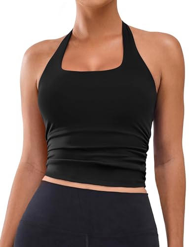 BMJL Built in Bra Tank Tops for Women Halter Workout Sports Tops Buttery Backless Strappy Gym Crop TopsM Black