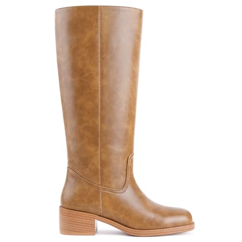 Image of Gothictor Women's Banana Knee High Boots Square Toe Chunky Block Heel Comfortable Low Heel Pull on Wide Calf Riding Long Boots for Women