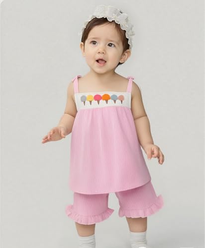 Toddler Girl Summer Outfit Ice Cream Embroidered Striped Sleeveless Smocked Tops Ruffled Gingham Shorts2