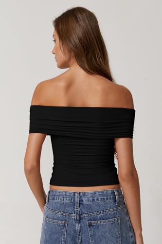 QINSEN Womens Off The Shoulder Tops Double Lined Short Sleeve T Shirts Slim Fitted Stretchy Crop Top3