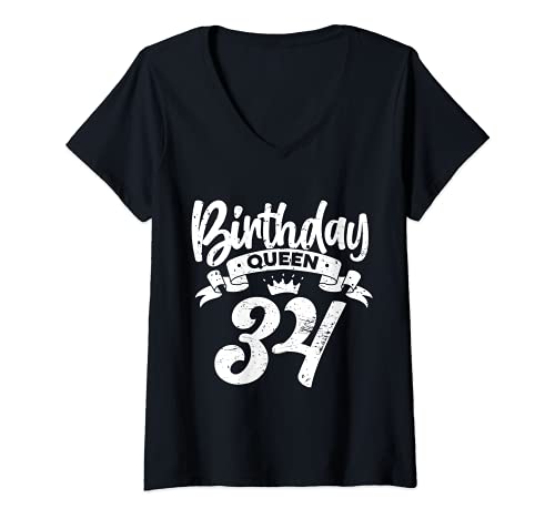 Mujer 34th Birthday Queen Women Happy Birthday Party Funny Crown Camiseta Cuello V