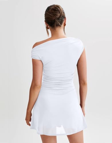 Image of LAGSHIAN Womens Off Shoulder Sleeveless Ruched Flare Mini Dress | Sexy,Summer,Slim Fit,Stretch,Trendy,Double Layer,A-line,Cocktail Party,Club,Night Out,Date,Asymmetrical Shoulder