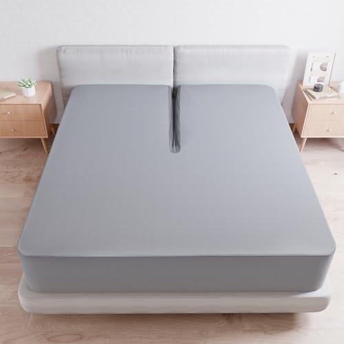 Image of Split Top King Sheets for Adjustable Bed, 34 inch Top Split from Head, Breathable Split Head King Mattress Cover Fitted for Adjustable Bed with Deep Pocket Up to 18 inch, Half Split, 1 Pack Bottom Sheet, Gray