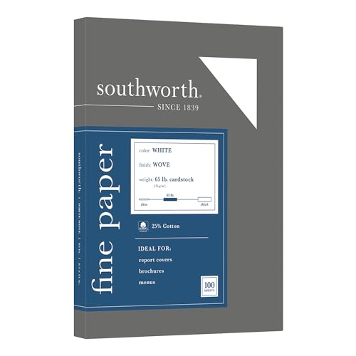 Southworth 25% Cotton Wove Card Stock, White, Letter (8.5" x 11") 65 lb, Pack Of 100
