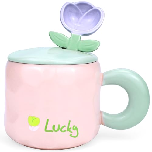 Disoza Juego de tazas de café con platillo de 450 ml, tulipán rosa, set de tazas de cerámica, dulces regalos para mujeres en cumpleaños, taza de té y café, regalo de cumpleaños para chicas, mamá
