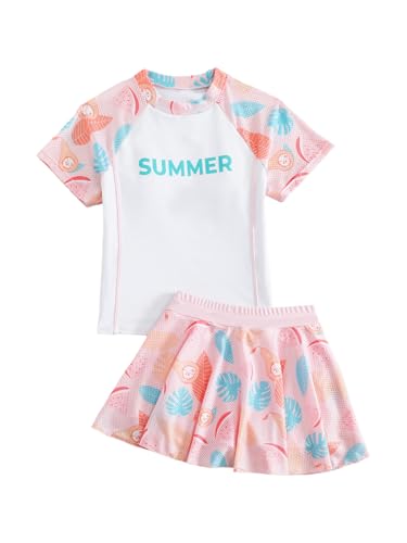Kids Girls Floral Rash Guard Sets Short Sleeve Swim Shirts with Swimskirts Bathing Suits