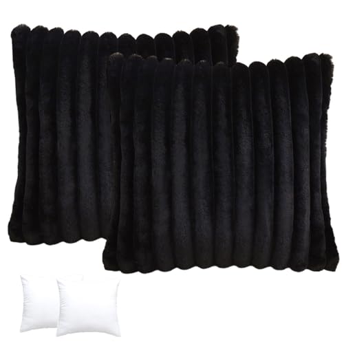 Morbuy Funda Almohada Incluye Relleno, 2 Pares Peludo Funda Cojin 45x45cm Cojines Suave e Indeformable, Resistente Al Uso, Funda Almohada para Sofá, Cama, Coche (Negro)
