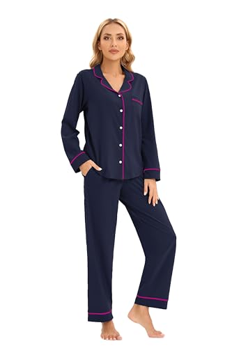 Image of LUBOT 100% Cotton Pajamas for Women PJ Set Soft Long Sleeve Button-Down Shirt Two-piece Set Warm Sleepwear Loungewear Night Suit (Dark Blue, XL)