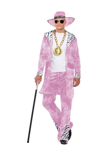 HENBRANDT Adult Mens Pink Velvet Suit with Zebra Print Detail and Matching Hat 1970s Big Daddy Gangster Pimp Dress Up Outfit One Size Mens Fancy Dress Costume