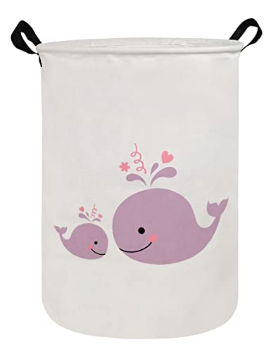Image of NRMEI Round Storage Basket Laundry Basket Foldable Waterproof Coating Nursery Hamper for Living Room Bedroom and Clothes Toys(Round Purple Whale) 19.7H*15.7D inches