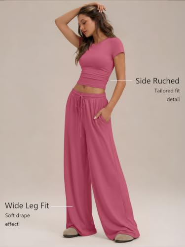 Image of Trendy Queen 2 Piece Matching Summer Lounge Set Womens Side Ruching Top Wide Leg Pants Sets with Pockets