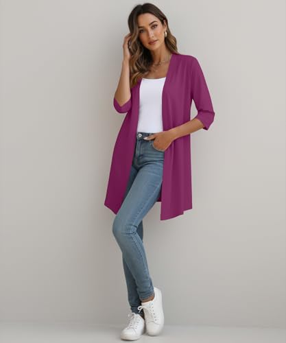 Image of YSYOKOW Womens Open Front Long Cardigan 3 /4 Sleeve Lightweight Knit Cardigan Casual Layering Spring Summer
