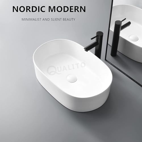 Image of QUALITO Table Top Wash Basin for Bathroom, Living Room, Hall, Dinning Room | Countertop /Over Counter Ceramic Vessel Sink /Basin | Glossy Finish Table Top Wash Basin (White, 20x13x5 Inch)