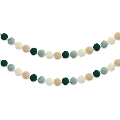 Image of Boho Pom-Pom Garland Sage Green - Set of 2, Sage Nursery Wall Decor, Baby Shower Wedding Backdrop, Christmas Fireplace Mantel, Gender Neutral