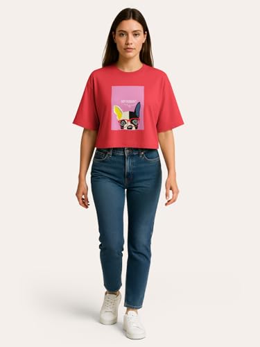 Image of HELLCAT Beige Printed Loose Fit Crew-Neck Crop T-Shirt for Women