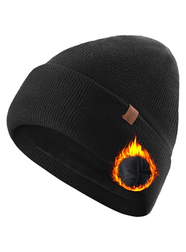 TRENDOUX Mütze Herren Damen Winter 100% Merinowolle Unisex Strickmütze Warme Beanie mit Gefütterter Fleece Doppellagig Wärmend Elastische Mütze zum Laufen Skifahren Schwarz