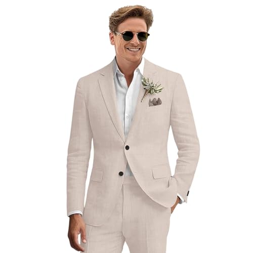 Men's Linen 2 Piece Suit Slim Fit Casual Wedding Groomsmen Summer Linen Blazer and Pants Suit Set