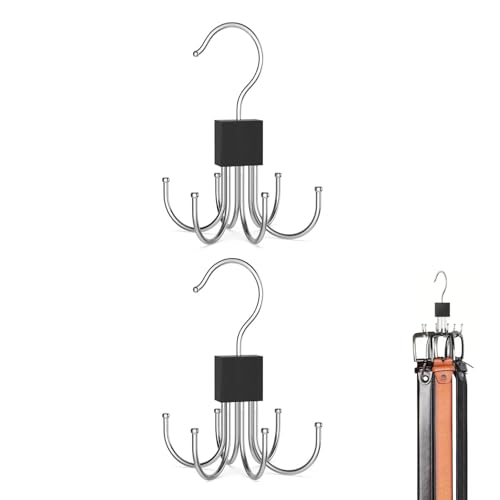 Shirene Belt Hanger,2 Pieces Anti Slip Tie Hanger For Wardrobe Scarf Hanger With 6 Hooks Multifunctional Coat Hanger Hooks Rotatable Belt Rack Closet Accessories for Socks,Scarf,Belt and Gloves,Black