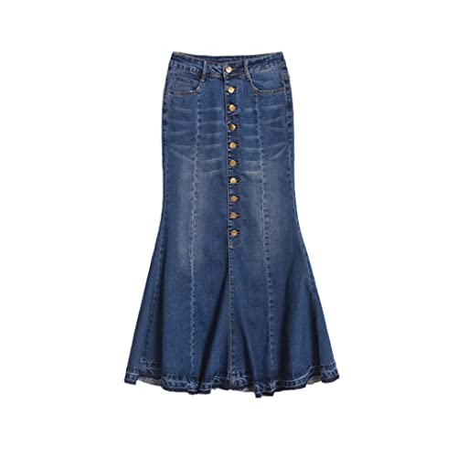 Jupe en jean boutonnée taille haute extensible à volants bleu 40