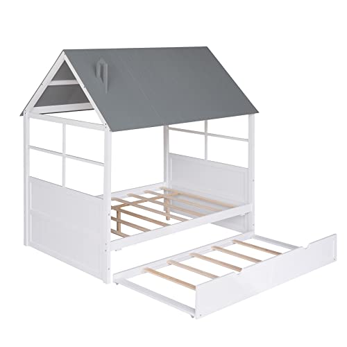 Full House Bed With Trundle Wood Tent Beds Kids Cottage Playhouse Bed Frame For Children Girls Boys Teens, Full Size, White With Gray #TOP4