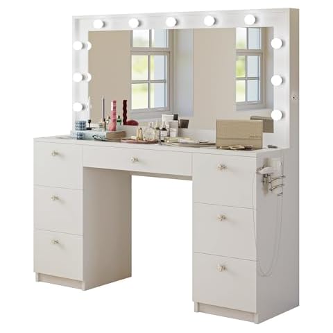Boahaus Yara - Glass Top Large Vanity Desk w/Hollywood Mirror Lights, 7 Drawers, Crystal Knobs, USB Type-C & Type-A, Power Outlet, Stylish Makeup Table w/Mirror for Women, Teens, Bedrooms – White Cover