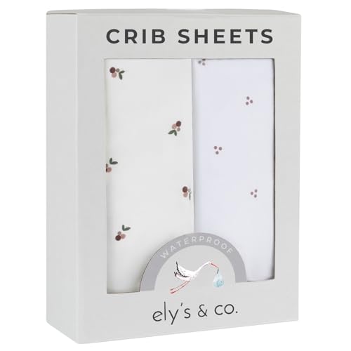 Image of Ely's & Co. Patent Pending Waterproof Crib Sheets, 100% Cotton with Waterproof Lining - Built in Mattress Protector, 2 Pack Fitted Crib Sheet Set, Berry and Cluster Dot (Lavender) 28” x 52”