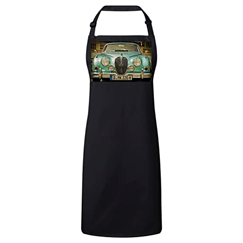 Tablier cuisine noir voiture vintage vert d'eau 1960 en coton premium
