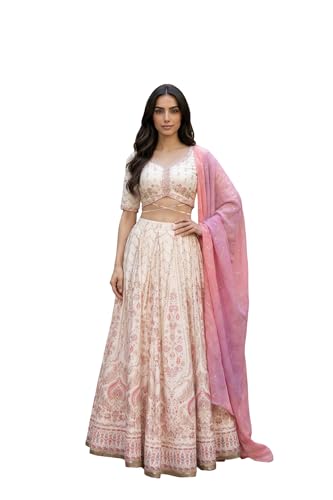 Chemisier femme motifs ethniques Aurelia beige en taille 38 avec son lehenga assorti