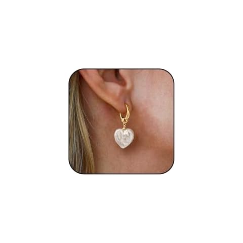 MBW Gold Pearl Dangle Earrings for Women Trendy, Dainty 14K Gold Plated Hoop Earrings Simple Heart Pearl Drop Cute Hoops Hypoallergenic Waterproof Gold Jewelry Gifts for Women Cover