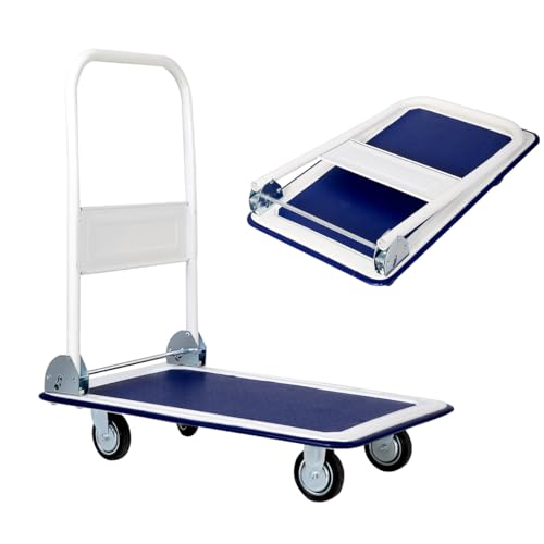 MAT EXPERT Foldable Push Cart Dolly, 330 LBS Load Capacity Large Platform Truck Cart with 4 Smooth Wheels & Handrail, Rolling Flatbed Cart for Garage, Warehouse & Office (Blue)