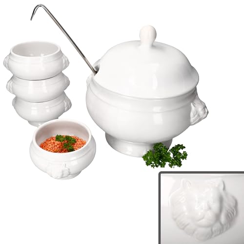 MamboCat 5tlg. Set LEO Löwenkopf-Terrine mit & ohne Deckel I 4x 0,25L & 1x 2 Liter I weiße Suppenschüssel mit Löwenköpfen für Suppe & Eintöpfe