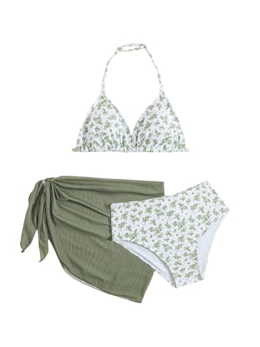 Image of Milumia Girl's 3 Piece Bikni Set Ditsy Floral Halter Swimsuit with Cover Up Skirts