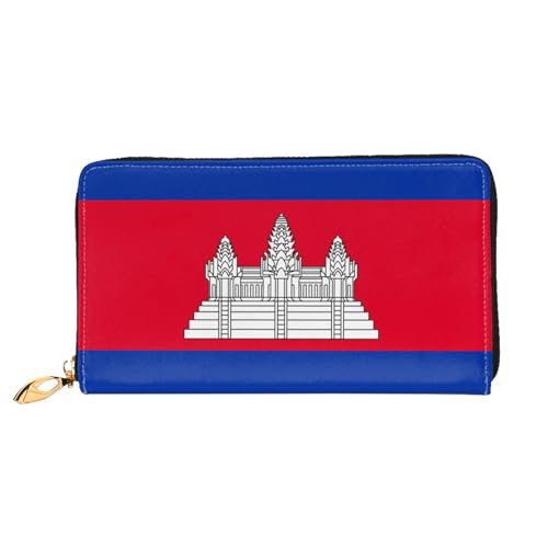TYUMHCambodia Flag Leather long clutch wallet with 12 card slots and 3 full pockets for cash, designed for fashionable women.