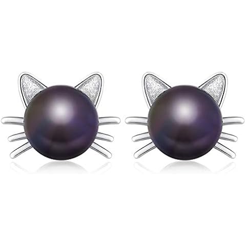 WRISTCHIE 925 Sterling Silver Cute Cat Kitty and Freshwater-Cultured Pearl Stud Earrings (Black) Cover