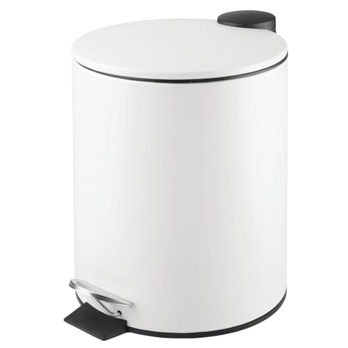 mDesign Metal 1.3 Gallon/5 Liter Round Step Trash Wastebasket, Garbage Container Bin with Lid for Bathroom, Powder Room, Bedroom, Kitchen, Craft Room, Office - Removable Liner Bucket - Matte White
