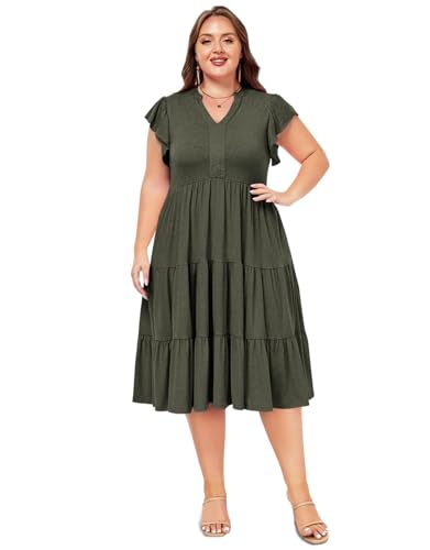 Moon Wood Womens Plus Size V Neck Ruffle Midi Dress 2025 Summer Casual Flowy Tiered Dresses with Pockets3