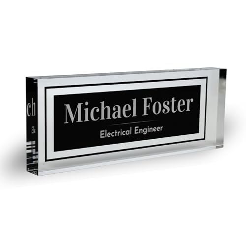 Customized Clear Acrylic Thick 8x3" Desk Name Plate Block with Personalized Logo - Professional Office Decor - Customized Acrylic Plate Gift for Teacher Co-workers (Elegant Charcoal)