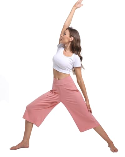 Image of Kivdol 3 Pack Womens Wide Leg Yoga Capris Crossover High Waist Casual Capri Pants Loose Soft Pajama Pockets Sweatpants