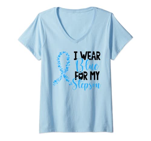 Womens I Wear Blue For My Stepson Colon Cancer Awareness Support V-Neck T-Shirt