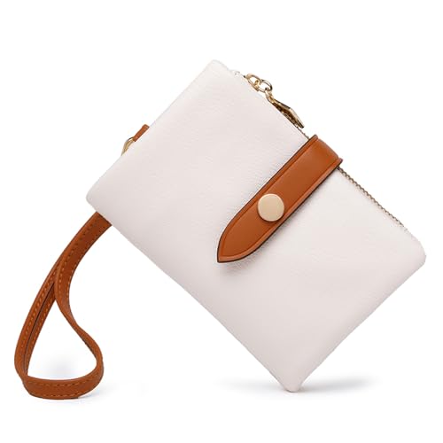 Wallets for Women Small Bifold Rfid Leather Ladies Wallets,Compact Wristlet Womens Billfold,Trifold Card Holder with Multi Credit Card Slot Zipper Coin Pocket and Wrist Strap(White)3