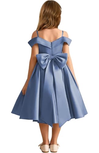 Elegant Satin Flower Girl Dress with Spaghetti Straps Bow Knot Birthday Wedding Pageant Formal Midi Satin Dresses