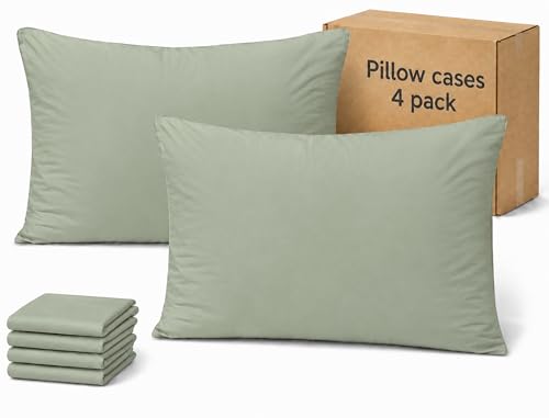 ZPECC Pillow Cases Queen Size Set of 4 20x30 Envelope Closure Pillowcases Soft Plain Brushed Microfiber Covers Hypoallergenic Breathable Sage Green