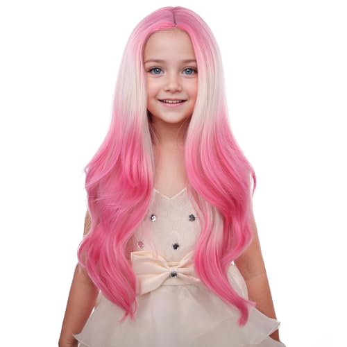 Image of PATTNIUM Ombre Pink Wig Kids Child Long Curly Wavy Lovely Pink Wig Blonde to Pink Middle Part Girls Wigs Heat Resistant Synthetic Hair Wigs