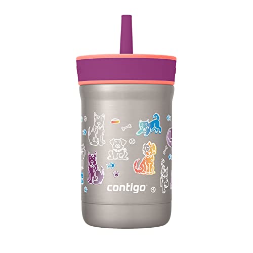 Contigo Leighton Vaccum-Insulated Kids Water Bottle With Spill-Proof Lid And Straw, 12Oz Stainless Steel Water Bottle With Straw For Kids, Keeps Drinks Cold Up To 13 Hours, Coral/Grape #TOP1