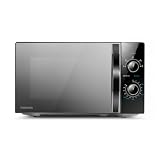 TOSHIBA Black Mirror Front Microwave 20 Liter 700W Manual Control, Compact with 5 Power Levels, Automatic Defrost, Perfect for 9'' Pizza, Clock and Timer, Easy Clean, MW2-MM20PF(MB)